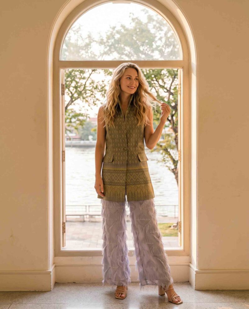 magnific_referenceinstruction-garm_Te4zppMVNR Golden Olive Set — Silk Vest & Fringe Wide-Leg Pants