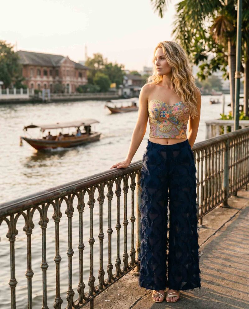 Mosaic Paisley Set — Corset Top & Navy Fringe Wide-Leg Pants