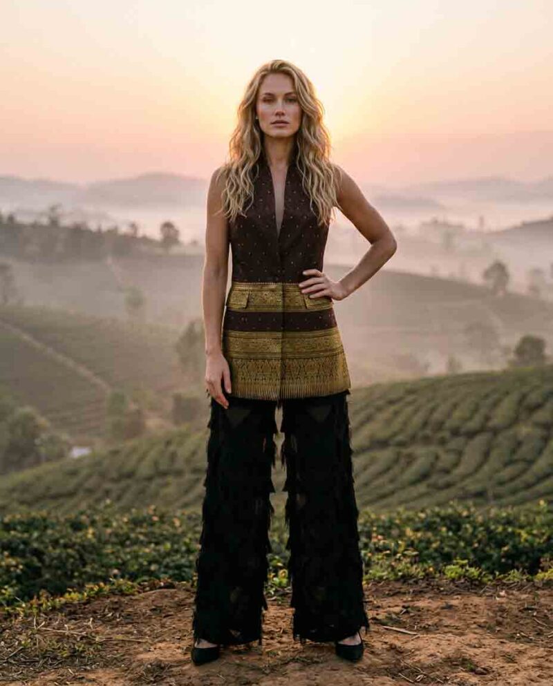 Burgundy Golden Border Set — Thai Silk Vest & Black Diamond Fringe Pants