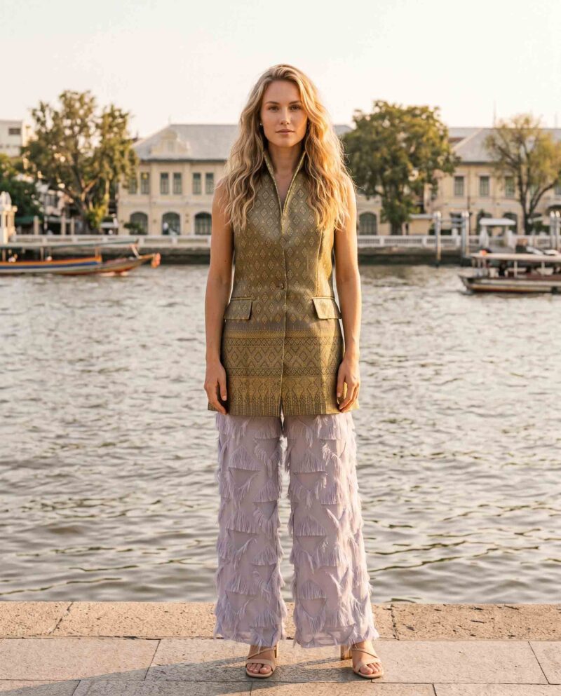 magnific_referenceinstruction-garm_WMO2XCJcXe Golden Olive Set — Silk Vest & Fringe Wide-Leg Pants