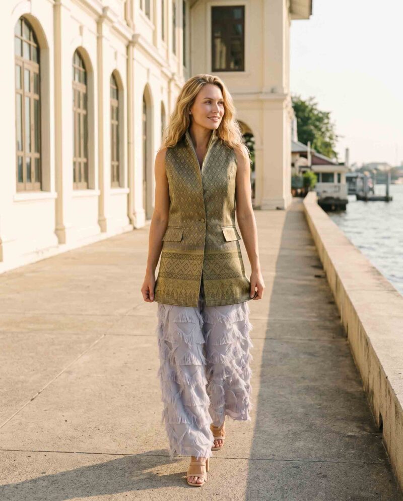 magnific_referenceinstruction-garm_aQ0BxzcfSh Golden Olive Set — Silk Vest & Fringe Wide-Leg Pants