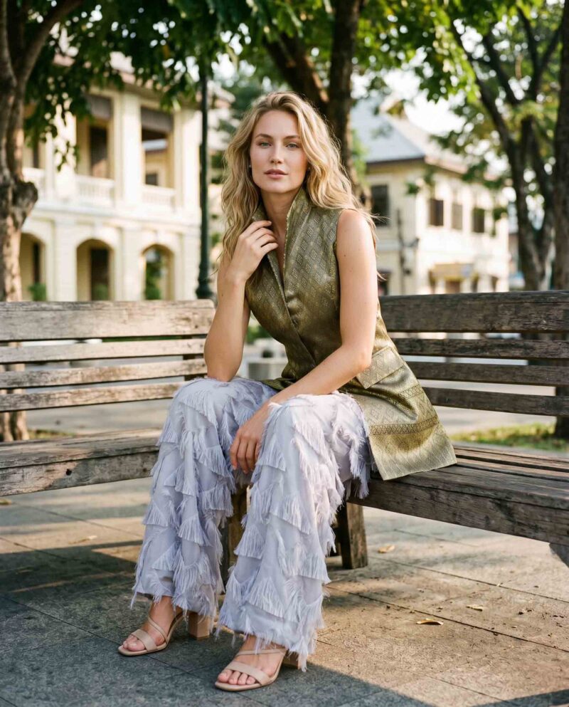 magnific_referenceinstruction-garm_brBfURu5Y2 Golden Olive Set — Silk Vest & Fringe Wide-Leg Pants