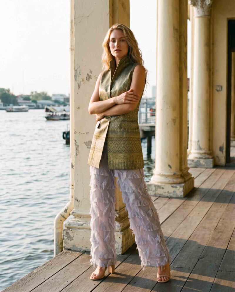 magnific_referenceinstruction-garm_dIRT8e0XSL Golden Olive Set — Silk Vest & Fringe Wide-Leg Pants