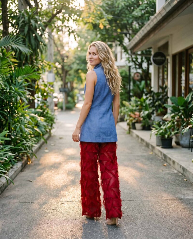 magnific_referenceinstruction-garm_gJqAd2RSXO Blue Chambray Set — Longline Vest & Crimson Fringe Pants