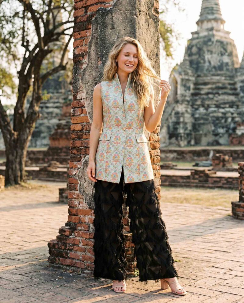 magnific_referenceinstruction-garm_hEc7dmSvqL Garden Symphony Set — Silk Vest & Black Fringe Wide-Leg Pants