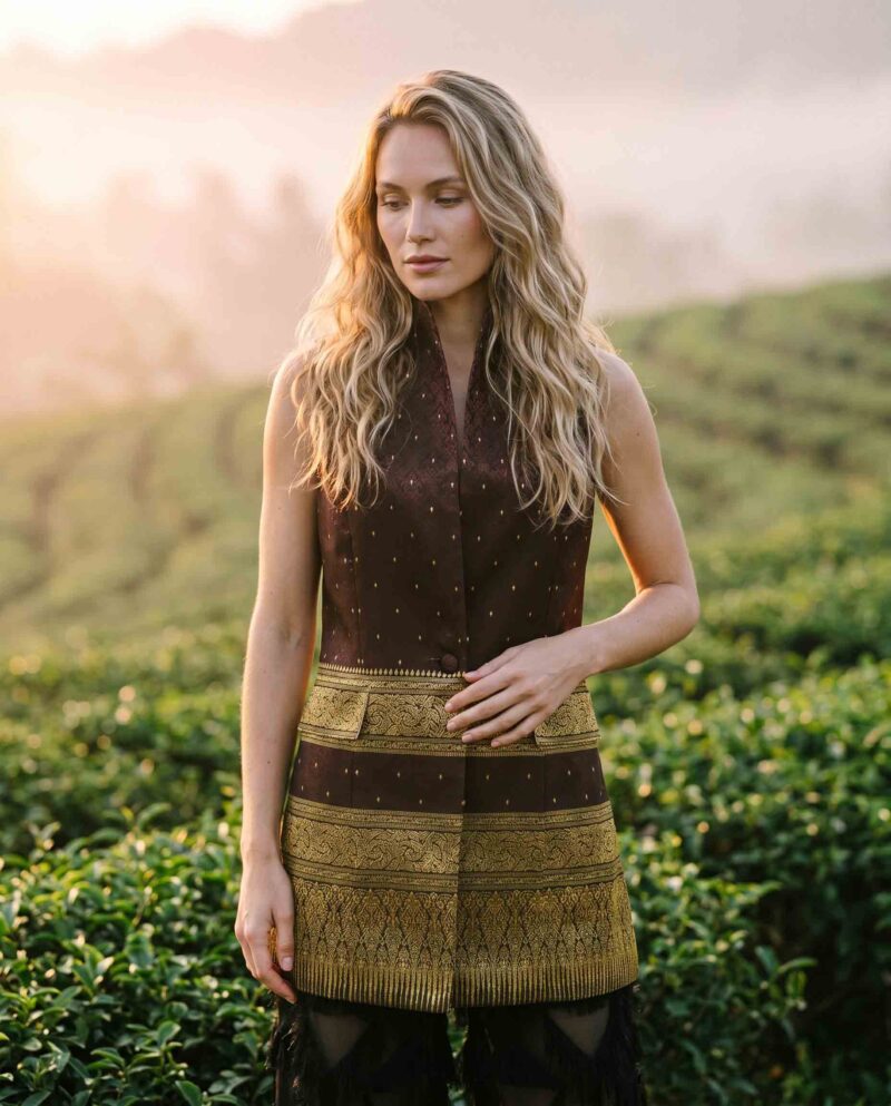 Burgundy Golden Border Set — Thai Silk Vest & Black Diamond Fringe Pants