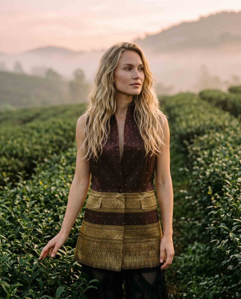 Burgundy Golden Border Set — Thai Silk Vest & Black Diamond Fringe Pants