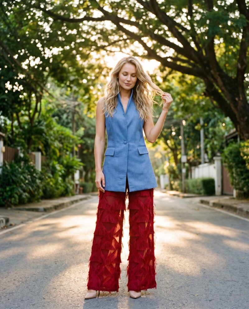 magnific_referenceinstruction-garm_swF2H3ol8e Blue Chambray Set — Longline Vest & Crimson Fringe Pants