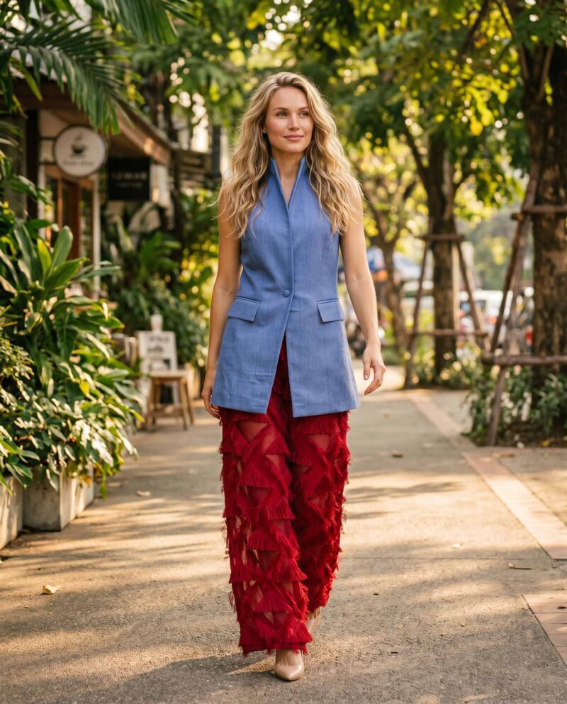 magnific_referenceinstruction-garm_swF2Yakl8e Blue Chambray Set — Longline Vest & Crimson Fringe Pants