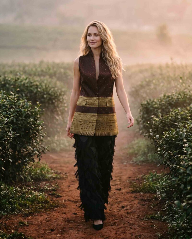 Burgundy Golden Border Set — Thai Silk Vest & Black Diamond Fringe Pants