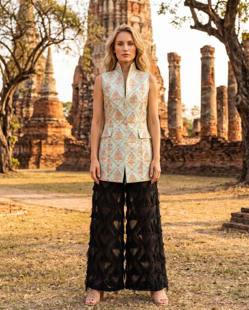 magnific_referenceinstruction-garm_xgvn1zEjfW Garden Symphony Set — Silk Vest & Black Fringe Wide-Leg Pants