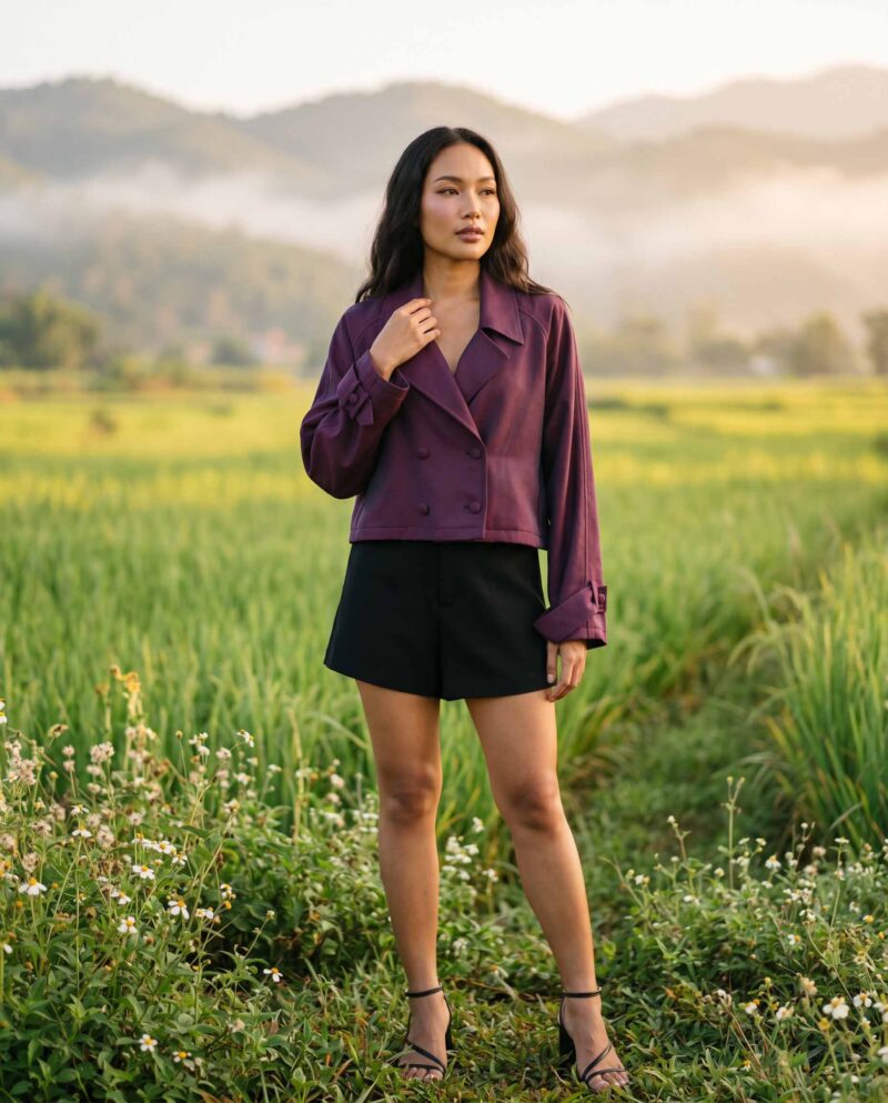 Plum & Black Set — Cropped Jacket & Black Fringe Shorts