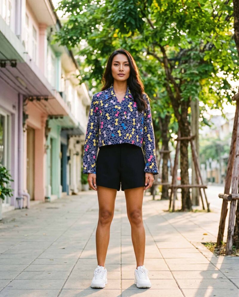 Navy Bow Bloom Jacket Set — Cropped Jacket & Black Fringe Shorts