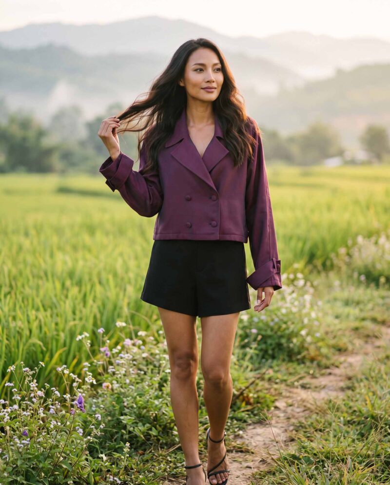 Plum & Black Set — Cropped Jacket & Black Fringe Shorts