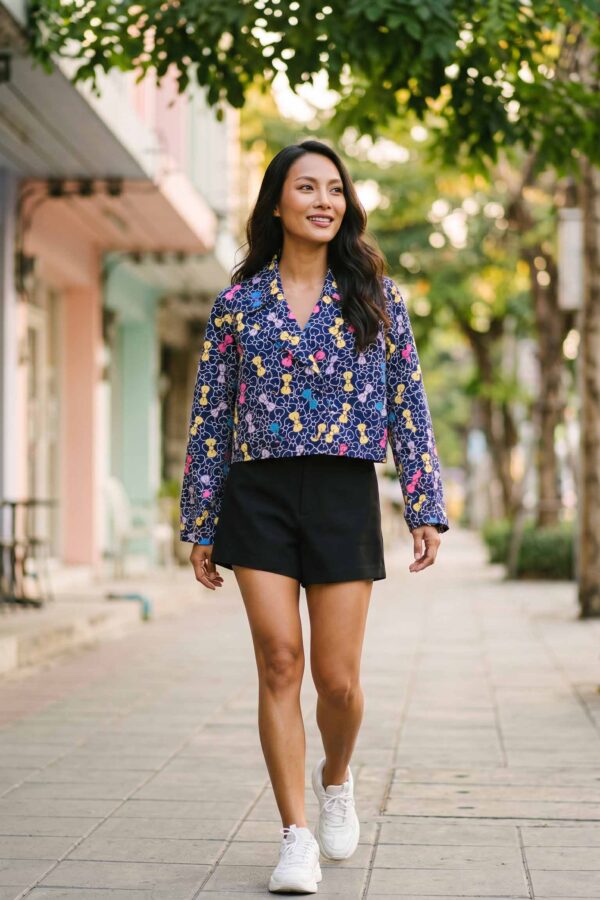 magnific_referenceinstruction-garm_SO126fMUb8 Navy Bow Bloom Jacket Set — Cropped Jacket & Black Fringe Shorts
