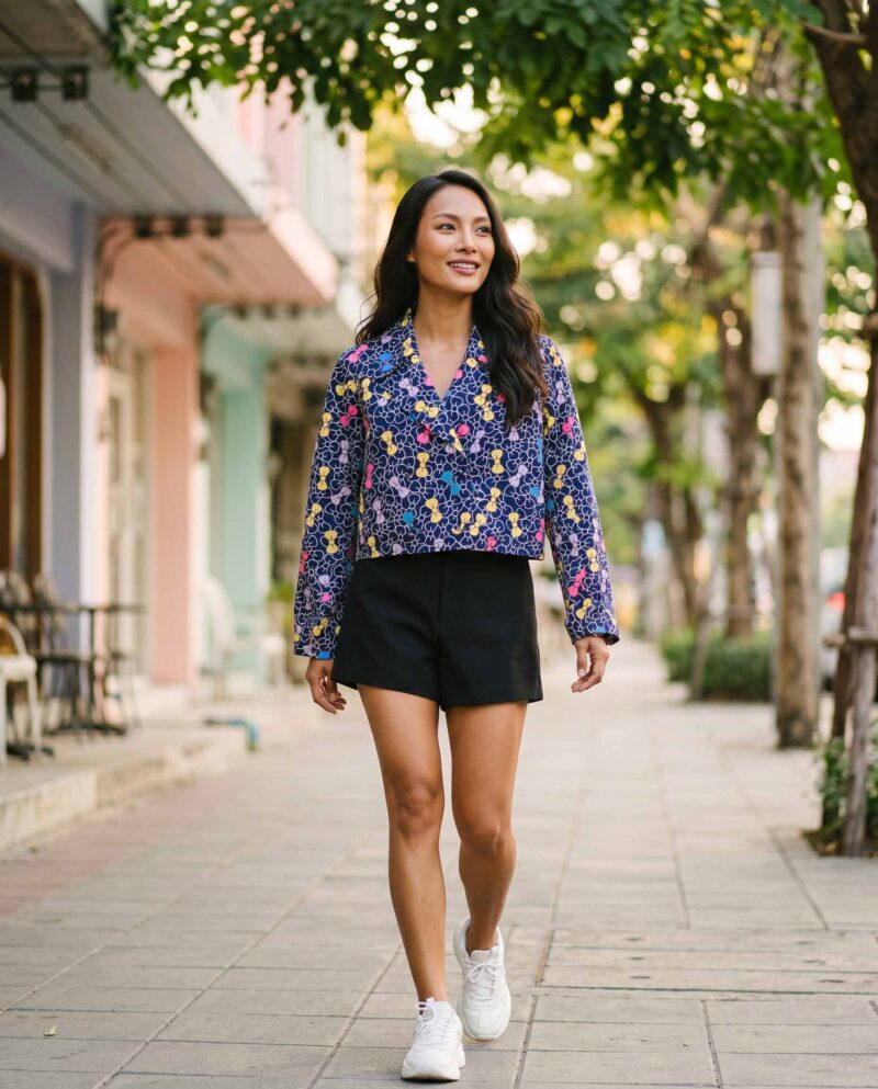 Navy Bow Bloom Jacket Set — Cropped Jacket & Black Fringe Shorts