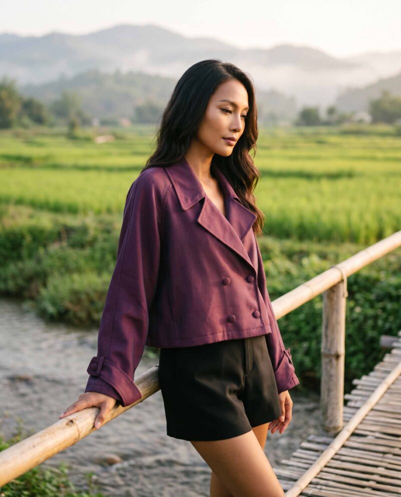 Plum & Black Set — Cropped Jacket & Black Fringe Shorts