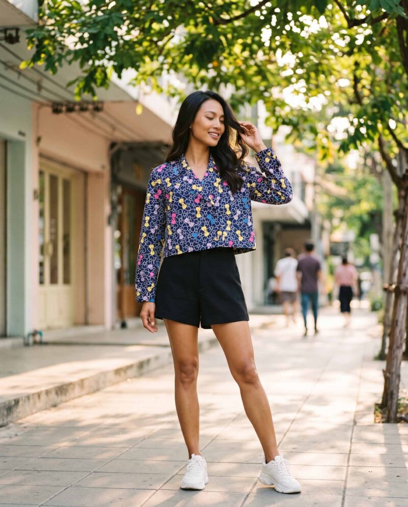 Navy Bow Bloom Jacket Set — Cropped Jacket & Black Fringe Shorts