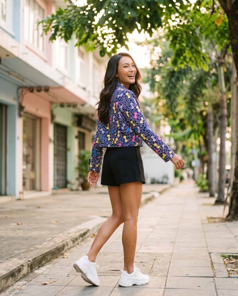 Navy Bow Bloom Jacket Set — Cropped Jacket & Black Fringe Shorts