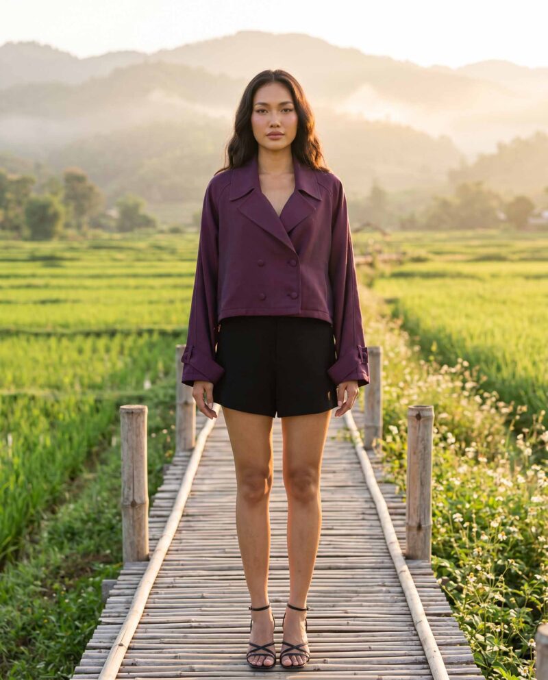 Plum & Black Set — Cropped Jacket & Black Fringe Shorts