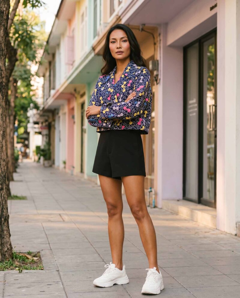 Navy Bow Bloom Jacket Set — Cropped Jacket & Black Fringe Shorts