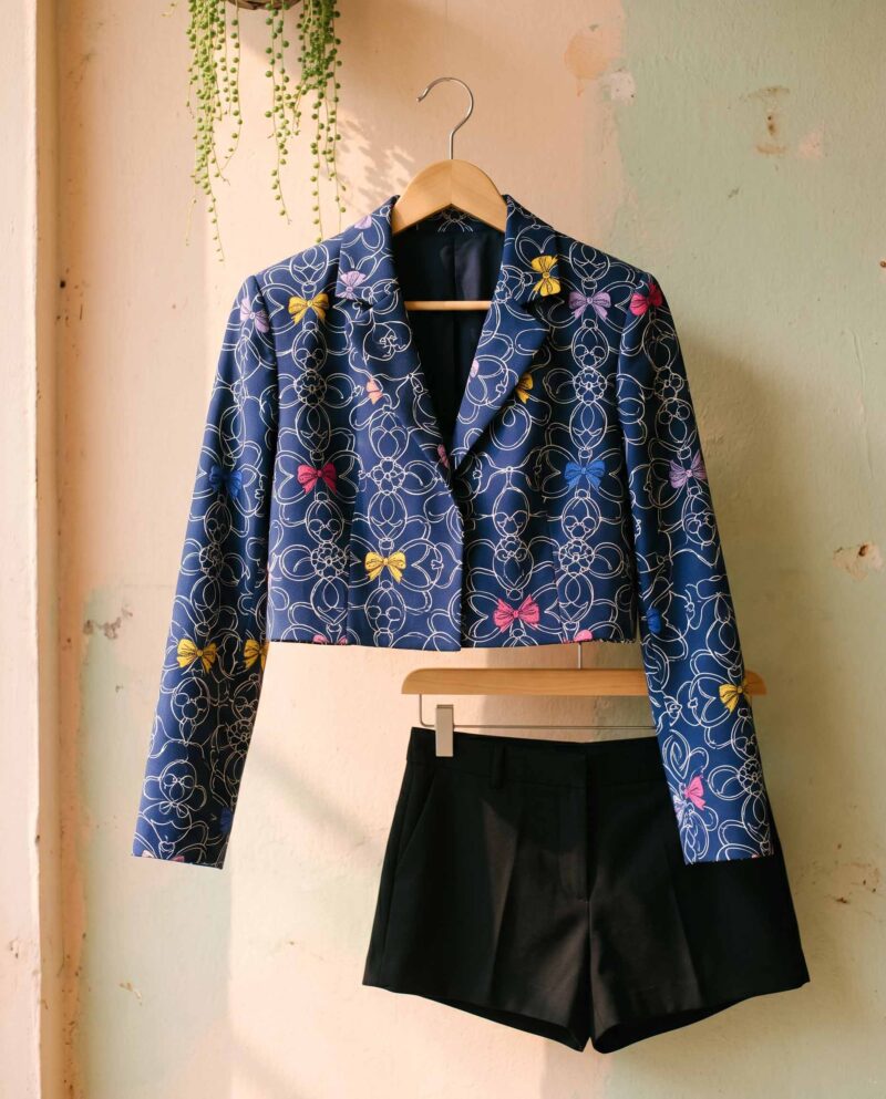 Navy Bow Bloom Jacket Set — Cropped Jacket & Black Fringe Shorts