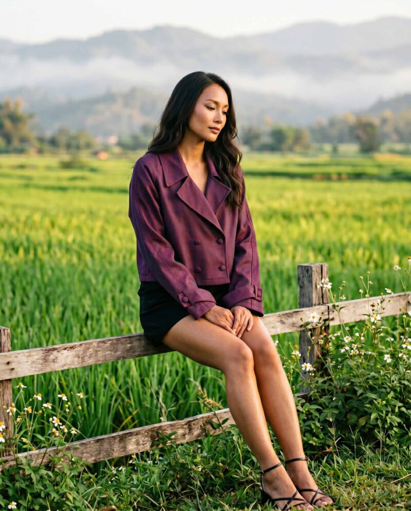 Plum & Black Set — Cropped Jacket & Black Fringe Shorts