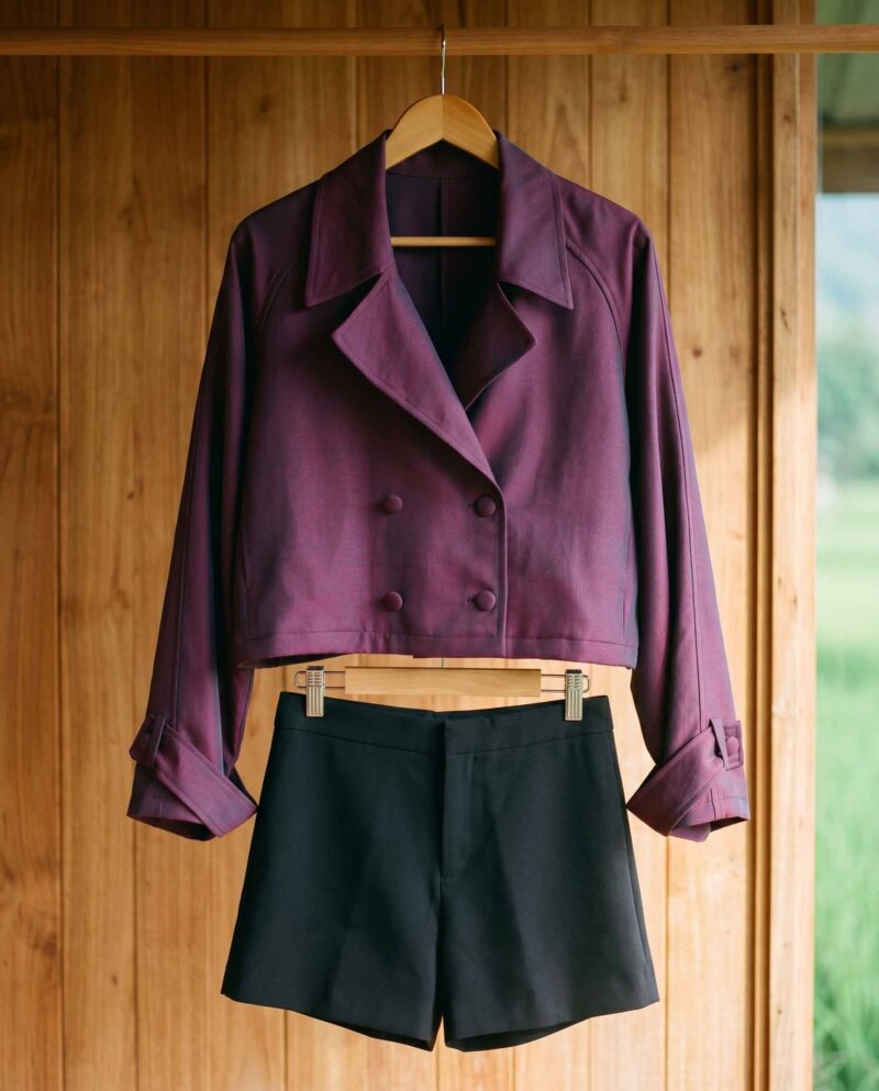 Plum & Black Set — Cropped Jacket & Black Fringe Shorts