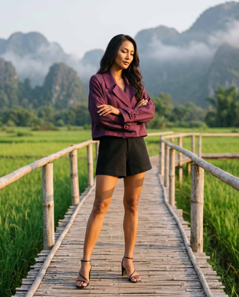 Plum & Black Set — Cropped Jacket & Black Fringe Shorts