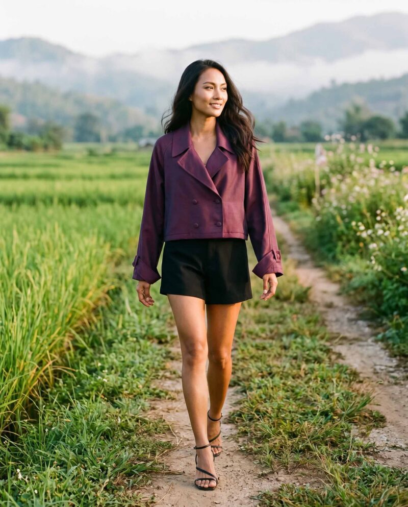 Plum & Black Set — Cropped Jacket & Black Fringe Shorts