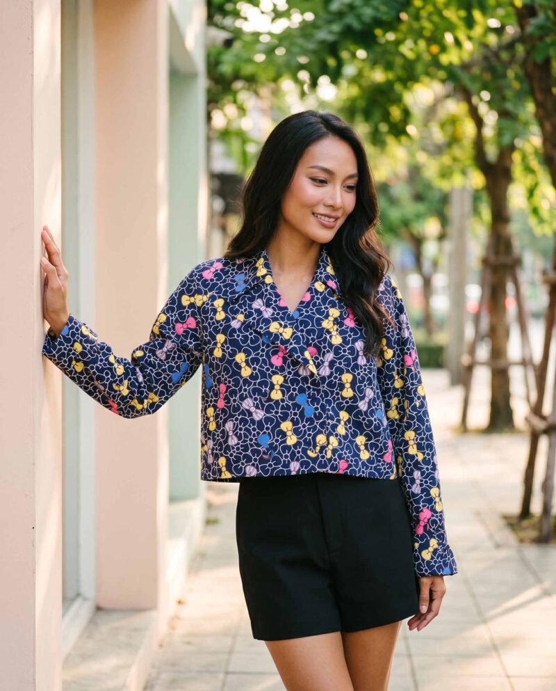 Navy Bow Bloom Jacket Set — Cropped Jacket & Black Fringe Shorts