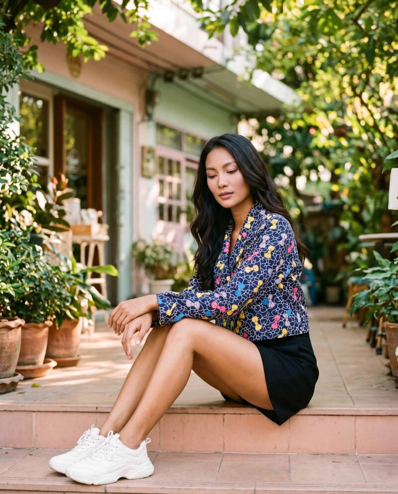 Navy Bow Bloom Jacket Set — Cropped Jacket & Black Fringe Shorts